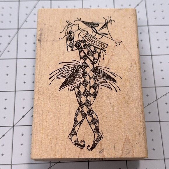 Jester Clown Rubber Stamp JudiKins Flute Playing Harlequin Circus Craft - Picture 1 of 4